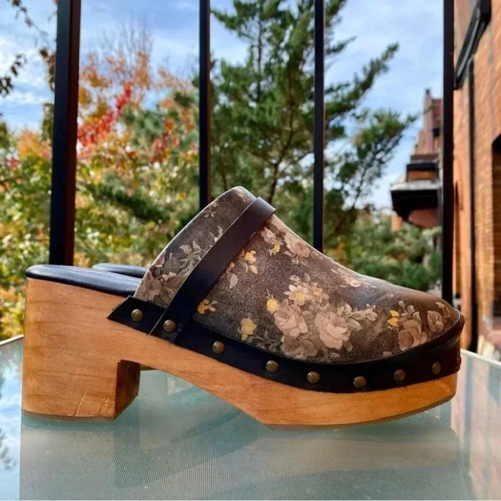 New Free People Calabasas Floral Wooden Clogs Black Womens 7 - Picture 8 of 15